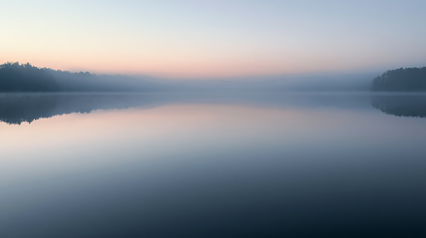 A perfectly still lake at dawn, mist over mirror-smooth water