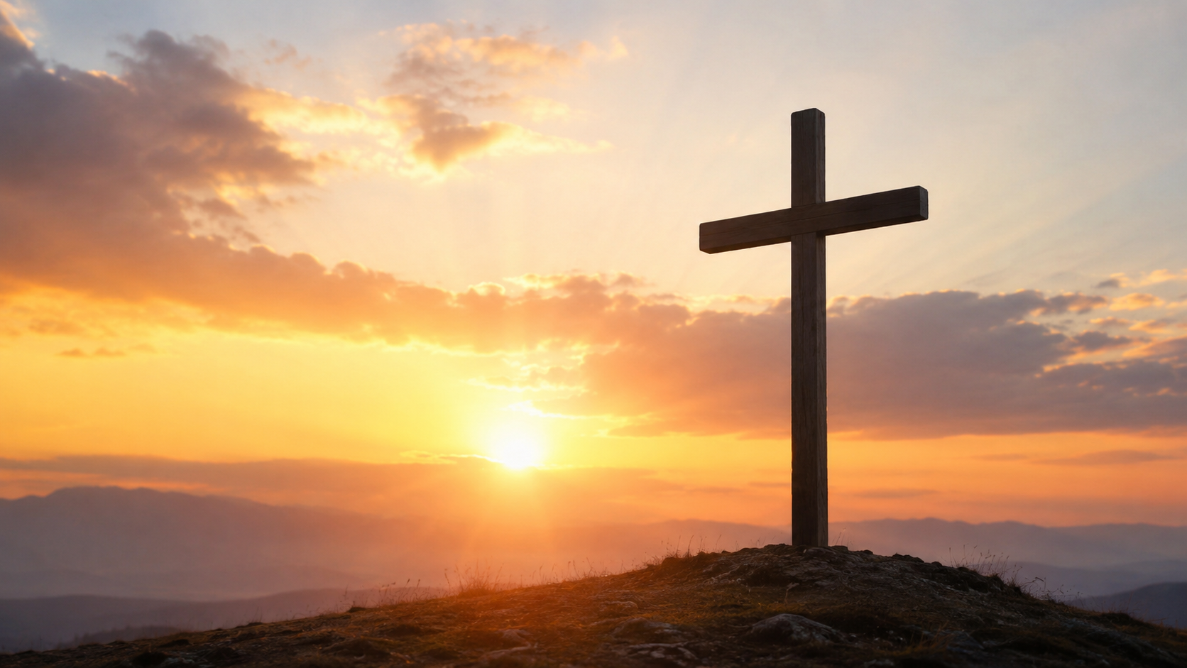 A wooden cross on a hilltop silhouetted against a golden sunrise