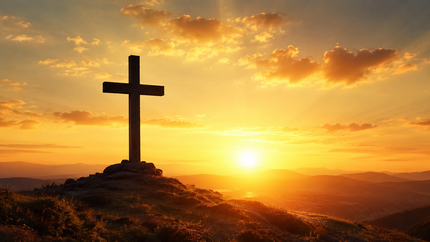 A cross on a hilltop glowing against a golden sunset