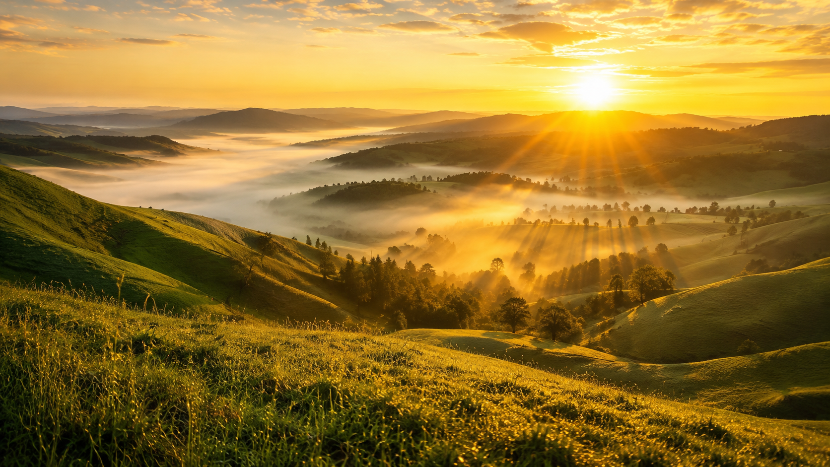 Golden sunrise breaking over misty green hills at the start of a new day