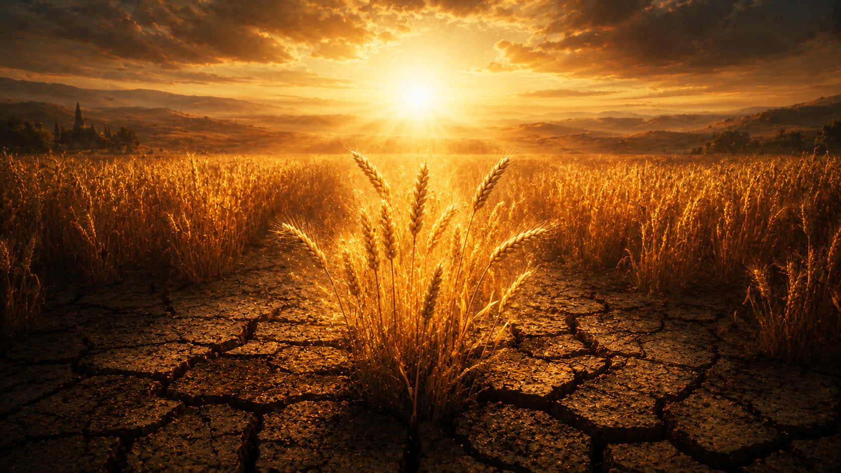 Golden wheat growing out of dark cracked earth under a radiant sunrise, a barren field turned into harvest