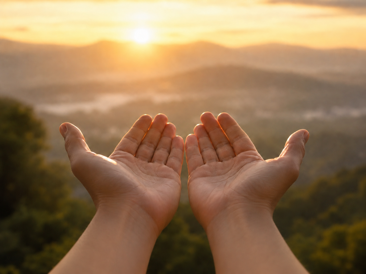 Two open hands held out toward a golden sunrise over misty hills