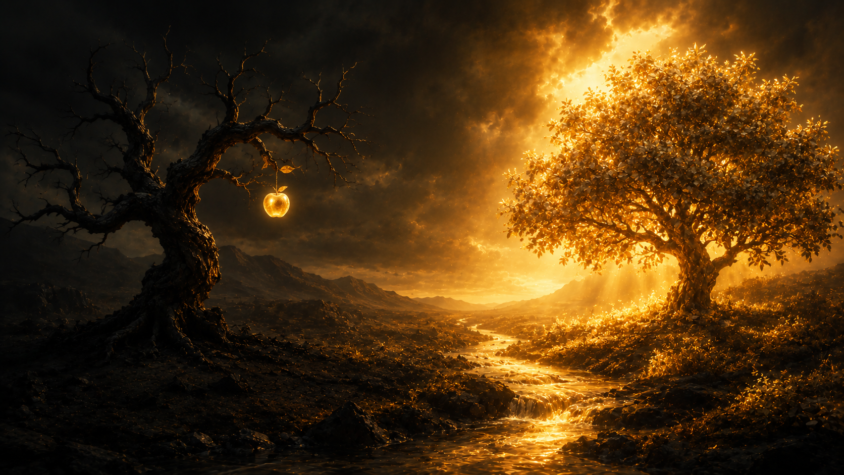 Two trees facing each other — one barren and dark with a single glowing fruit, one golden and fruitful planted beside a stream of light
