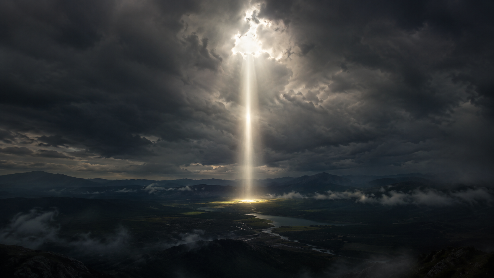 A single beam of light breaking through dark, heavy clouds down toward the earth