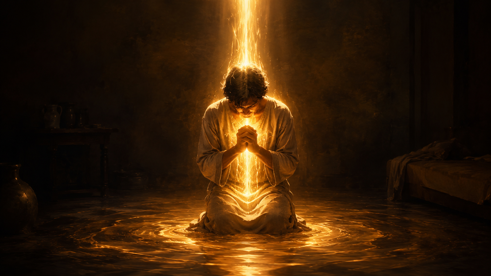 A person kneeling in prayer in a dark room as a column of golden light pours down over them, rippling like water across the floor