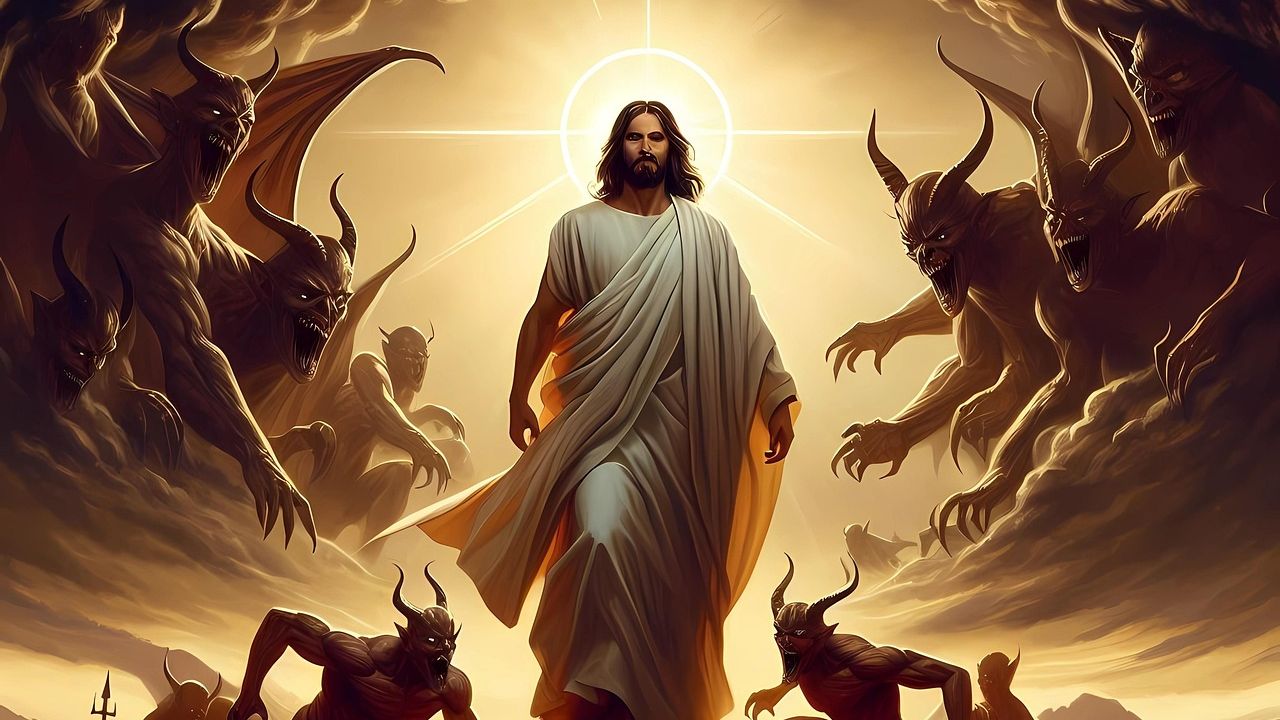 Christ standing radiant on a mound, surrounded by defeated demons