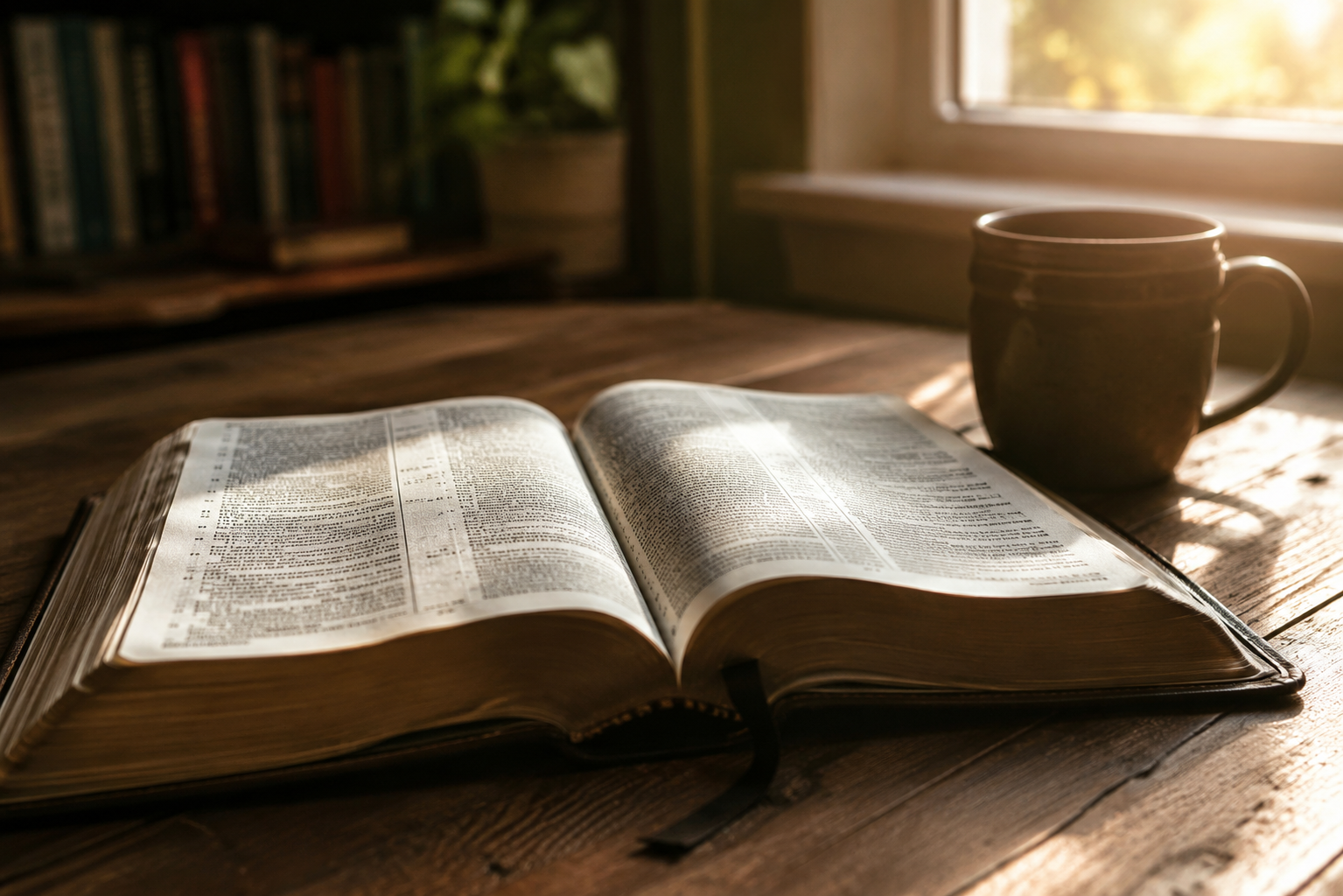 An open Bible on a wooden table in warm morning light, a cup beside it