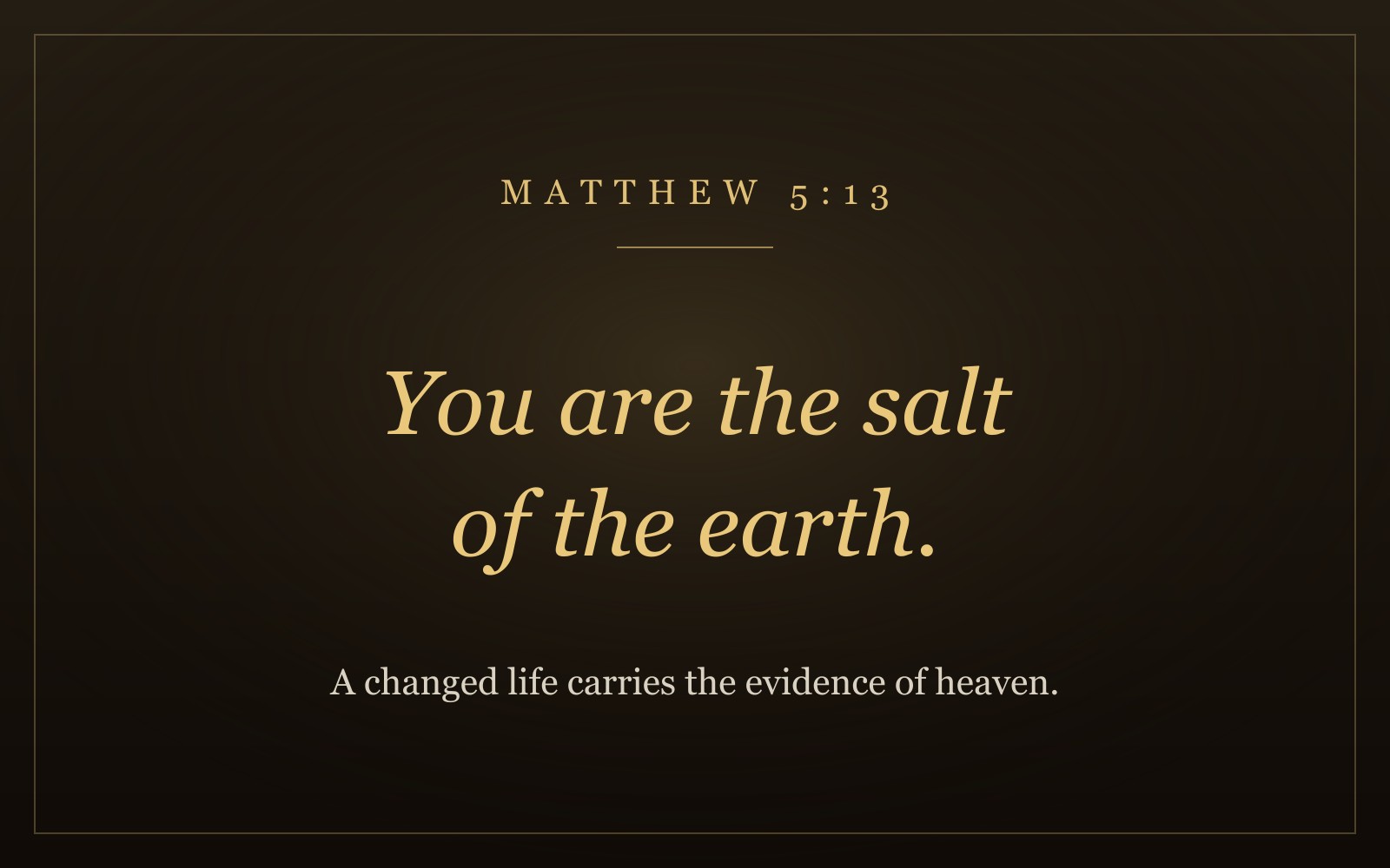 The words 'You are the salt of the earth' from Matthew 5:13 in warm gold italic lettering on a dark background