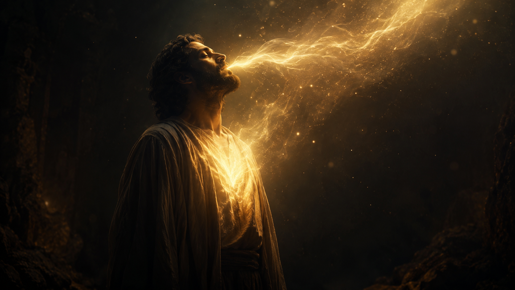 A man in a dark place inhaling a flowing stream of golden light, his chest glowing as the light fills him
