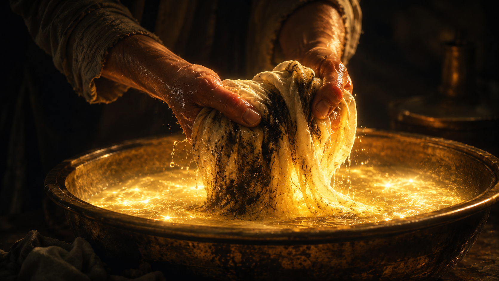 Hands washing a stained cloth in a basin of luminous golden water, the dark stains dissolving into light