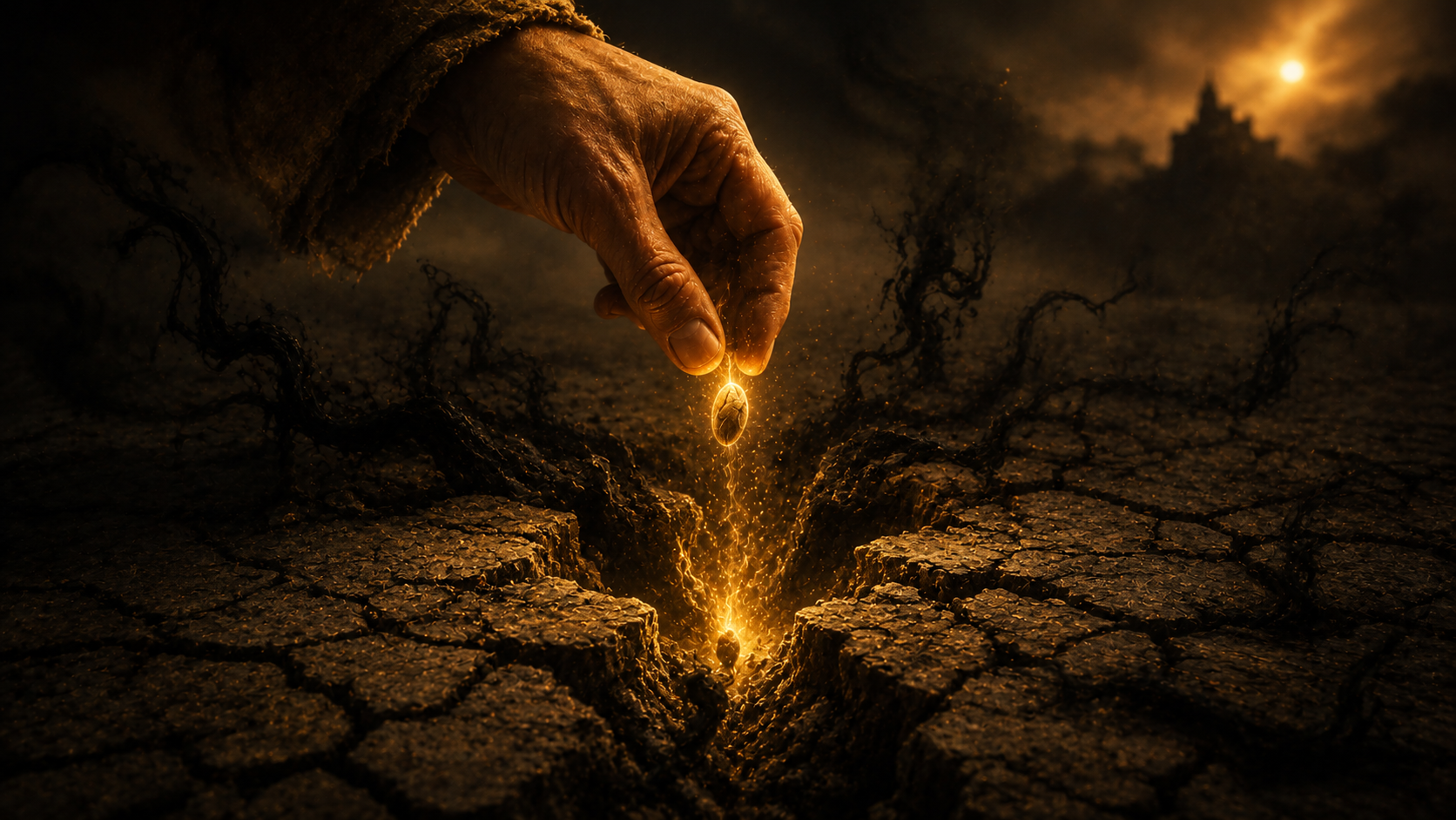 A weathered hand dropping a glowing golden seed into a deep crack in dry ground, dark tendrils rising around it