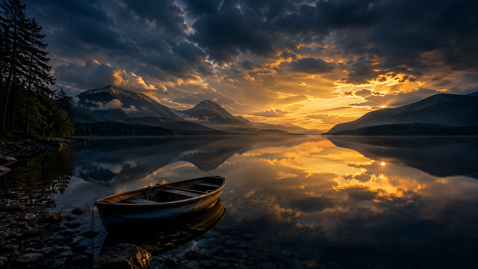 An empty boat resting on a perfectly still lake at dusk, golden light breaking through parting storm clouds and reflecting on the calm water
