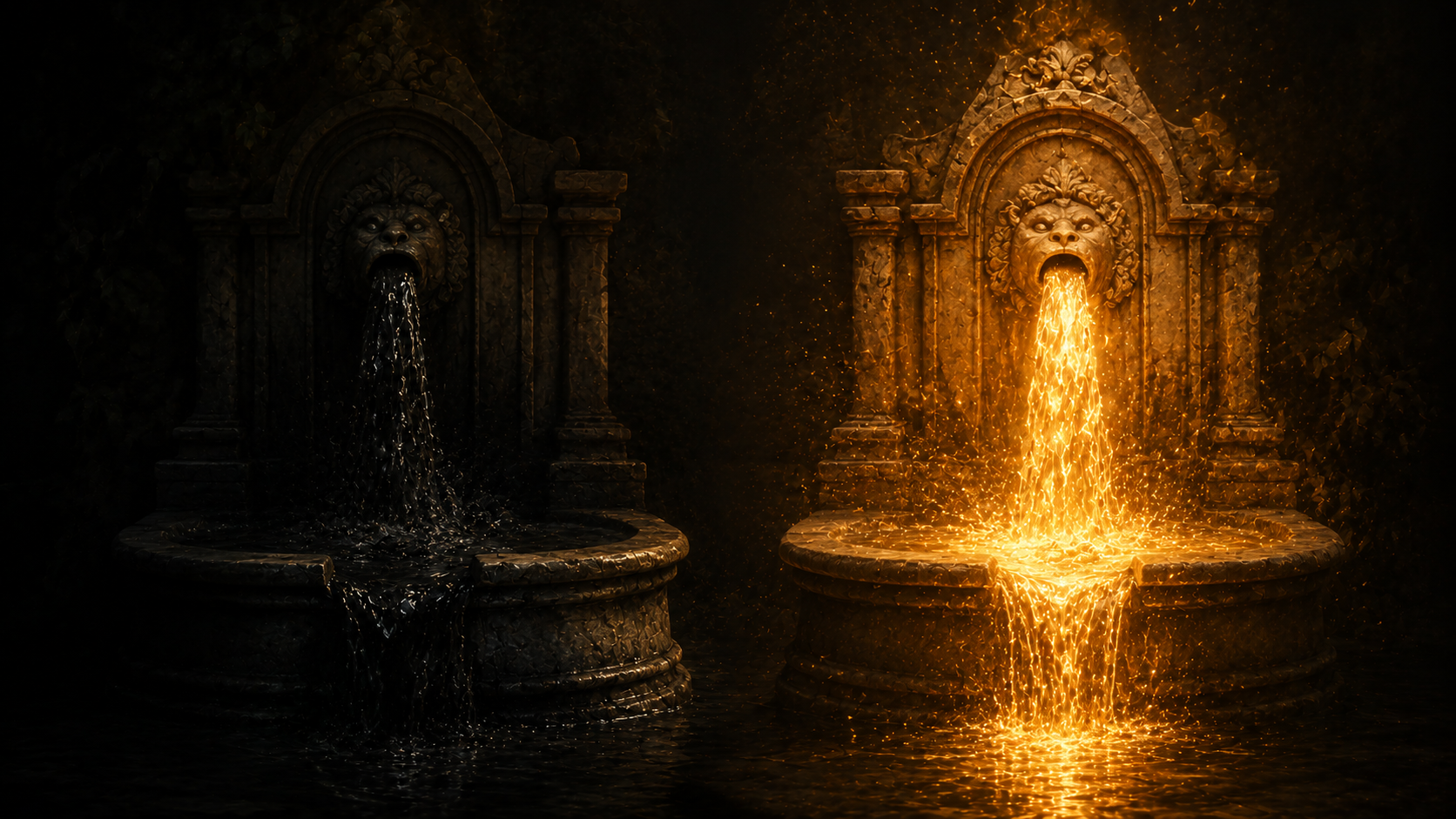 Two stone fountains side by side in darkness — one pouring murky dark water, the other pouring luminous golden water