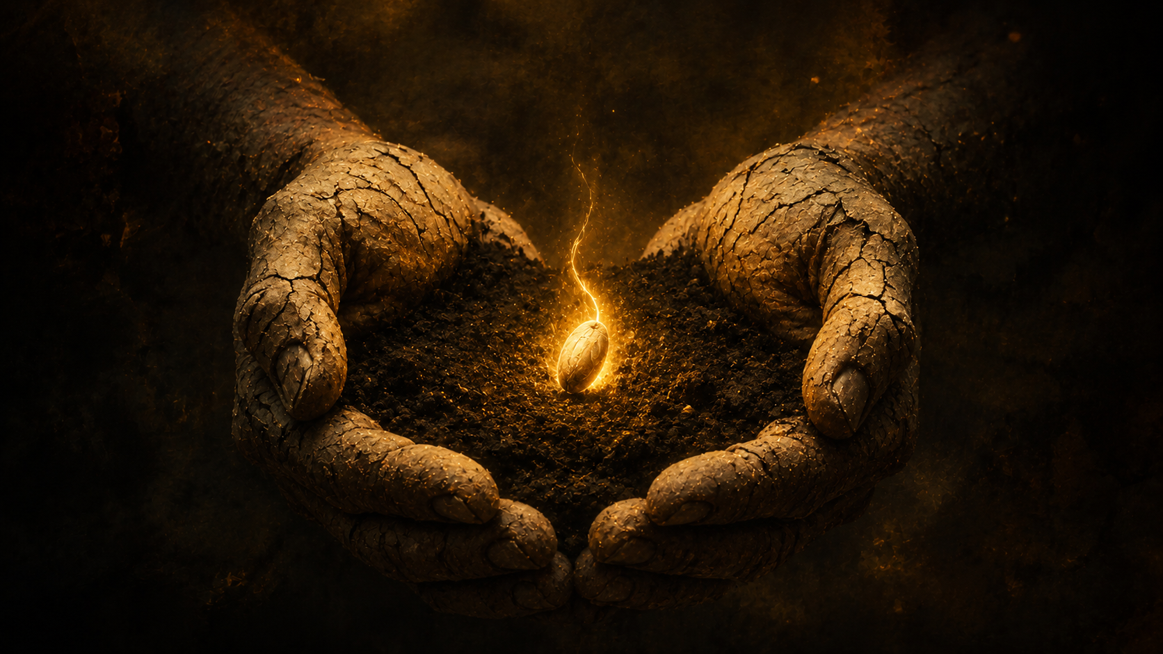 Cupped hands of dust holding dark soil with a single seed of golden light beginning to glow in it