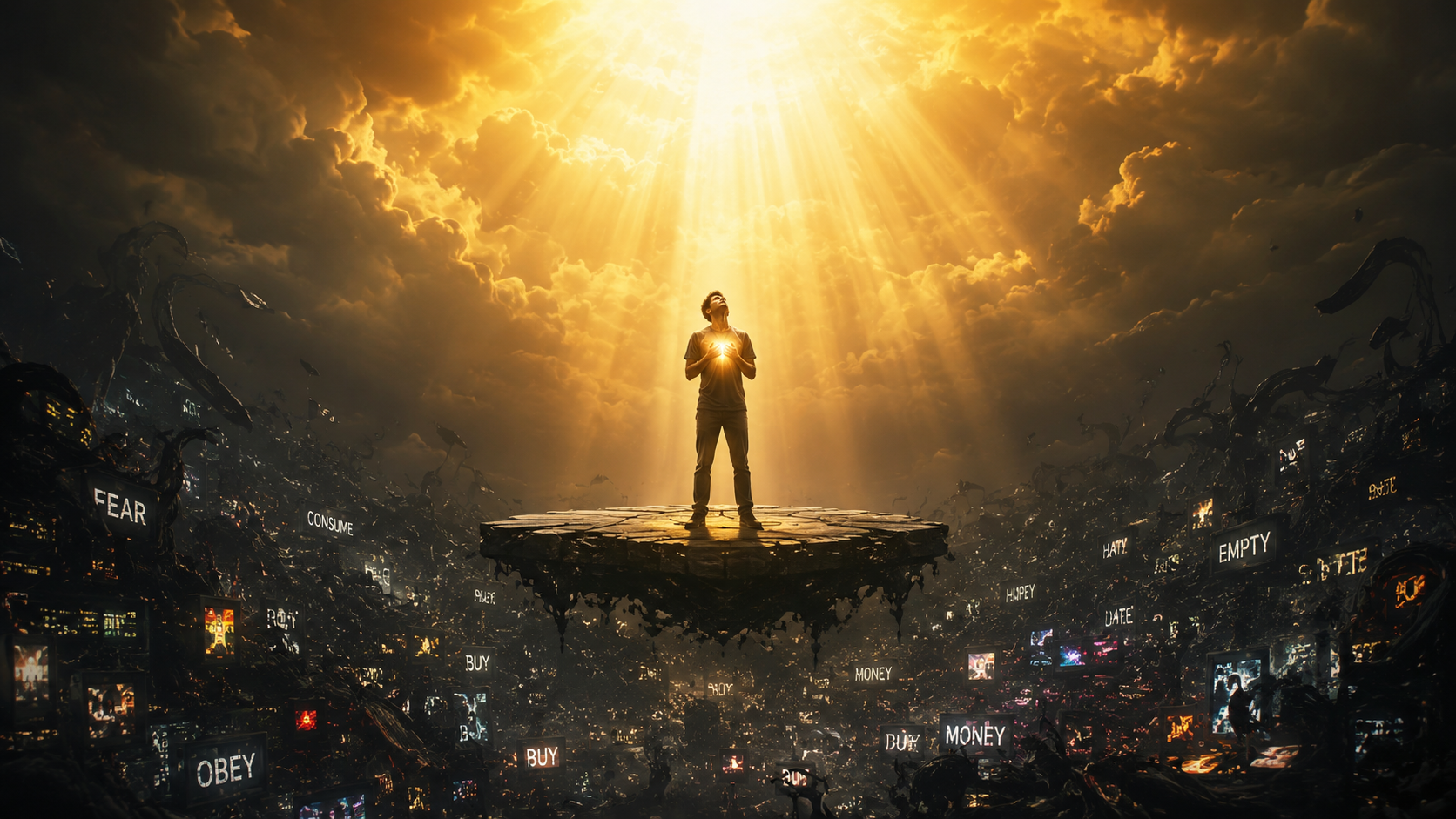 A person standing between two realms — warm heavenly light above and the dark noise of the world below — with light beginning to fill them from above