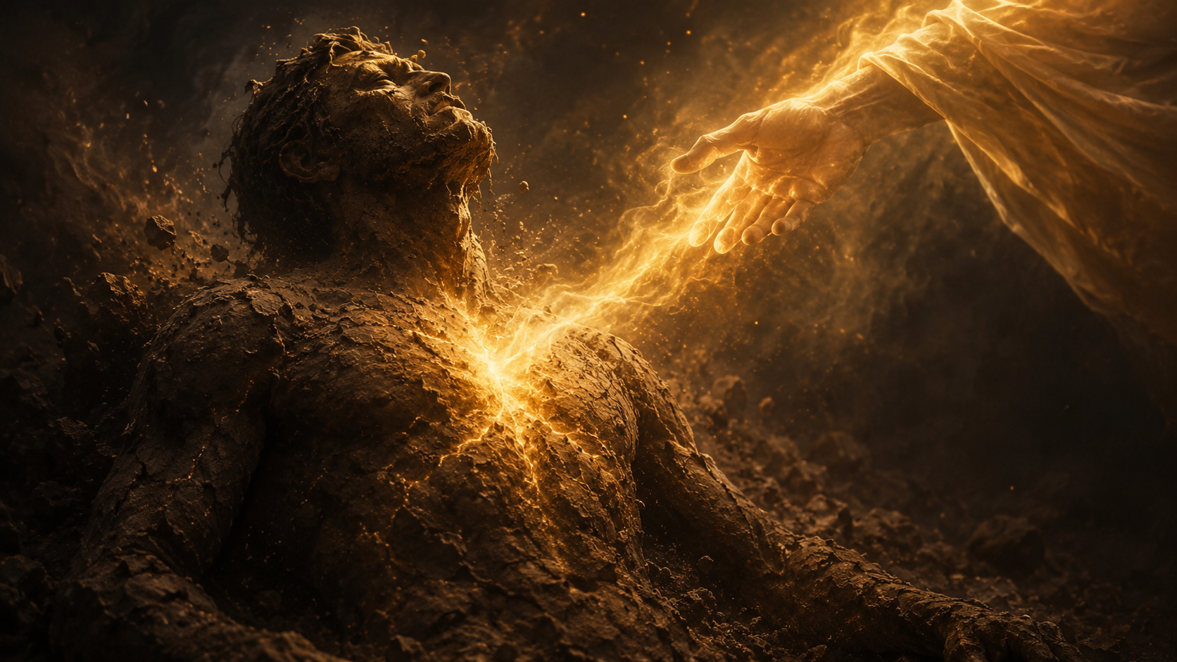 A radiant hand breathing a stream of golden light into the chest of a man formed from dark earth, dust igniting into embers where the light touches