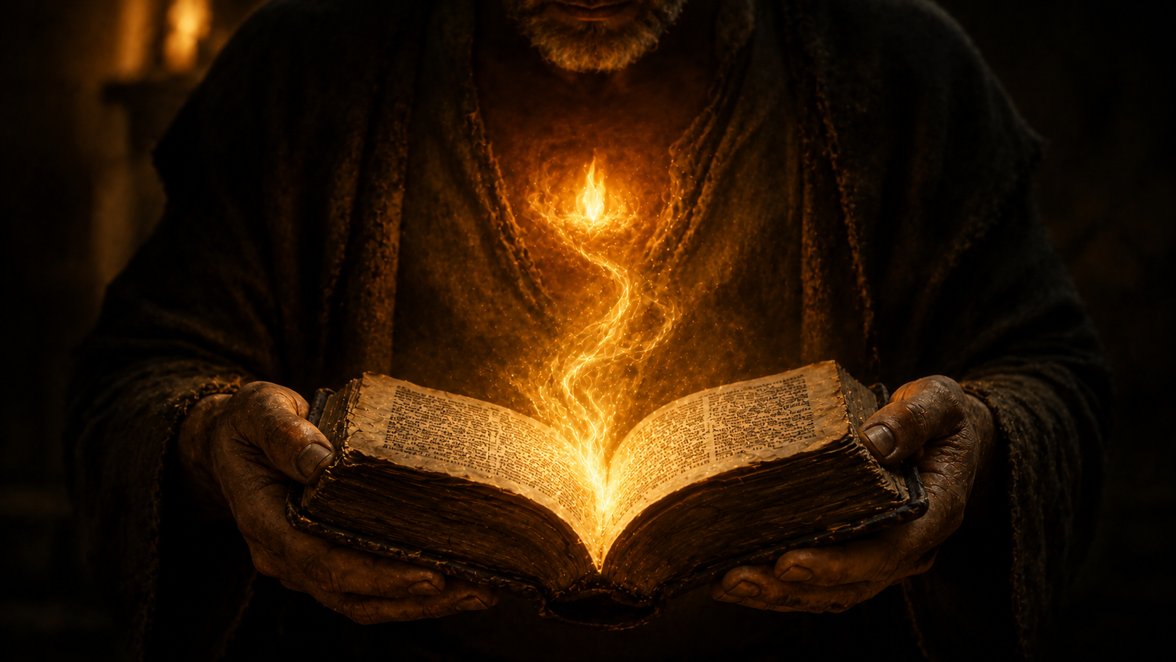 Weathered hands holding an open Bible, golden light rising from the pages into a steady flame at the reader's chest